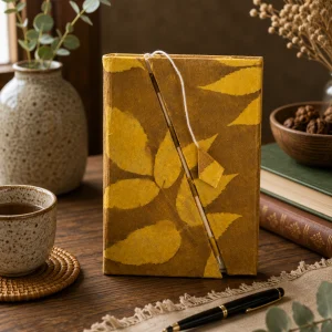 Handmade mustard brown Lokta paper notebook with bold yellow leaf design and bamboo lock displayed on a rustic wooden table with natural textures