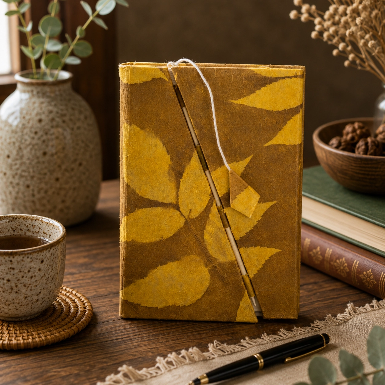 Handmade mustard brown Lokta paper notebook with bold yellow leaf design and bamboo lock displayed on a rustic wooden table with natural textures