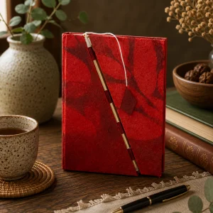 Handmade ruby red Lokta paper notebook with bold floral design and bamboo lock displayed on a rustic wooden table with natural textures