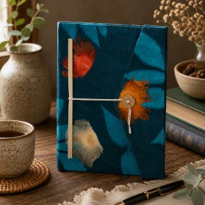 Handmade midnight blue Lokta paper notebook with bold pressed floral details displayed on a rustic wooden table with a pen and natural textures