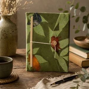 Handmade moss green Lokta paper notebook with pressed botanical leaves and flowers displayed on a rustic wooden table with a pen and natural textures