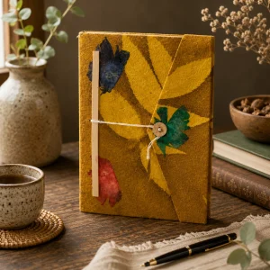 Handmade mustard brown Lokta paper notebook with bold pressed leaf and floral details displayed on a rustic wooden table with a pen and natural textures