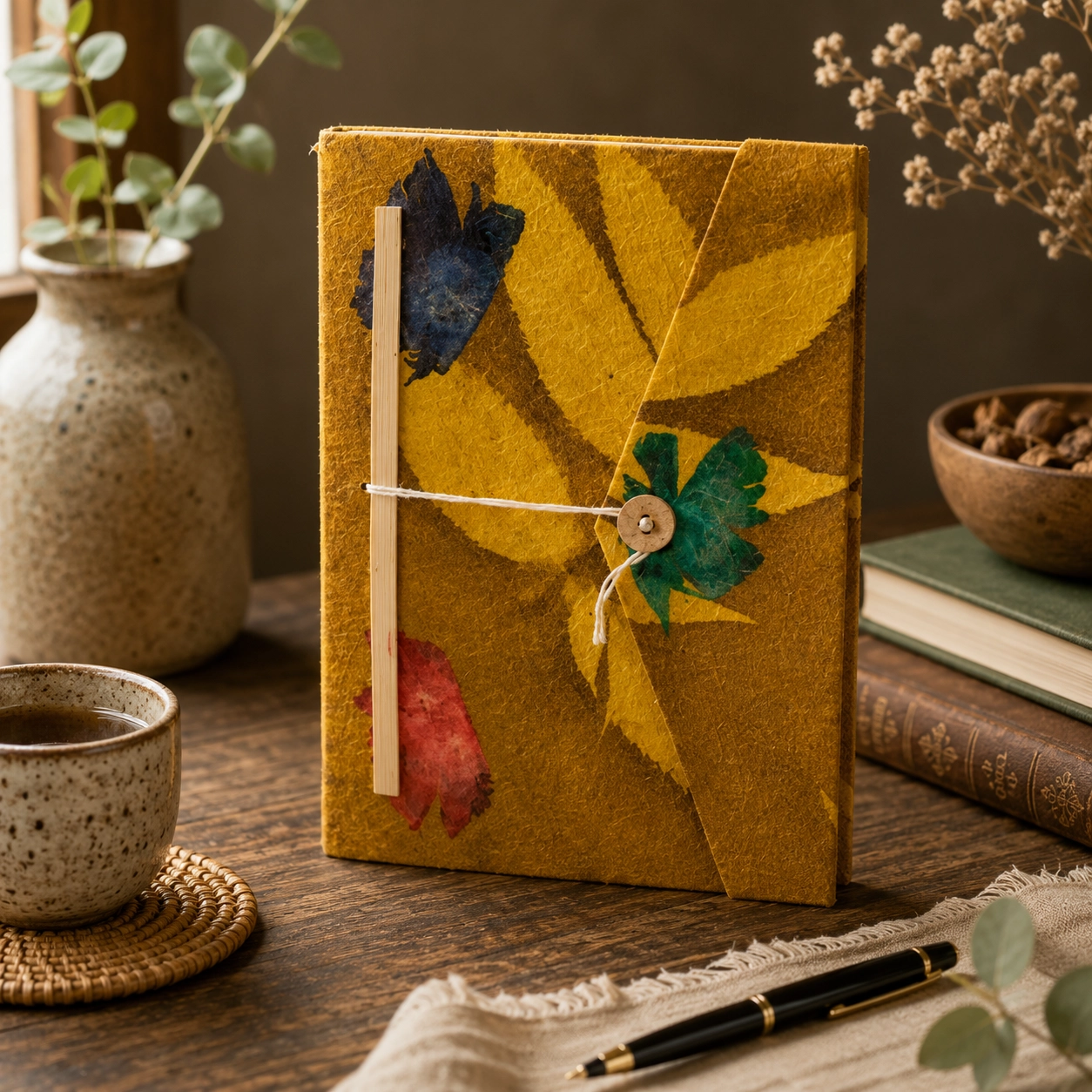 Handmade mustard brown Lokta paper notebook with bold pressed leaf and floral details displayed on a rustic wooden table with a pen and natural textures