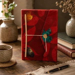 Handmade ruby red Lokta paper notebook with bold floral details and natural leaf motifs displayed on a rustic wooden table with a pen and ceramic accessories