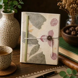 Handmade Lokta paper notebook with delicate Bougainvillea-inspired floral design and natural leaf details displayed on a rustic wooden table with natural textures