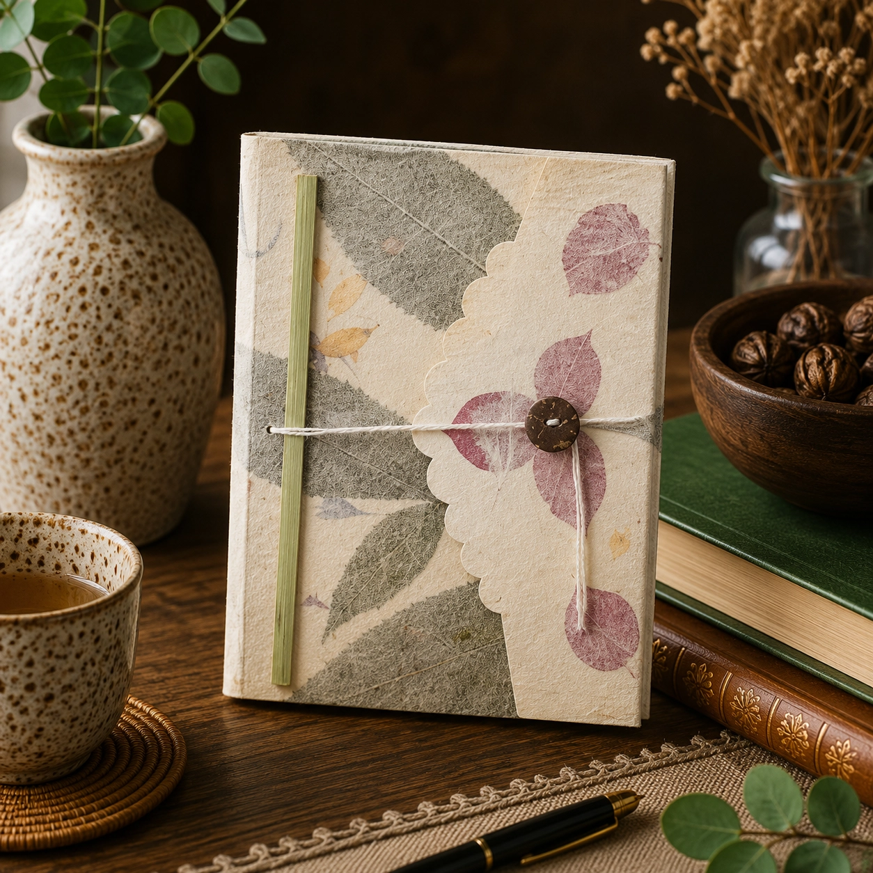 Handmade Lokta paper notebook with delicate Bougainvillea-inspired floral design and natural leaf details displayed on a rustic wooden table with natural textures