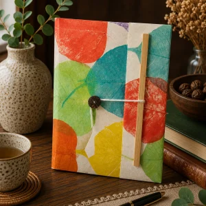 Handmade Lokta paper notebook with colourful pressed leaf designs in orange, teal, green and yellow displayed on a rustic wooden table with natural textures