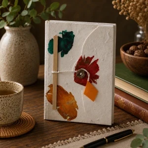 Handmade Lokta paper notebook with pressed floral details and button lock displayed on a rustic wooden table with natural textures