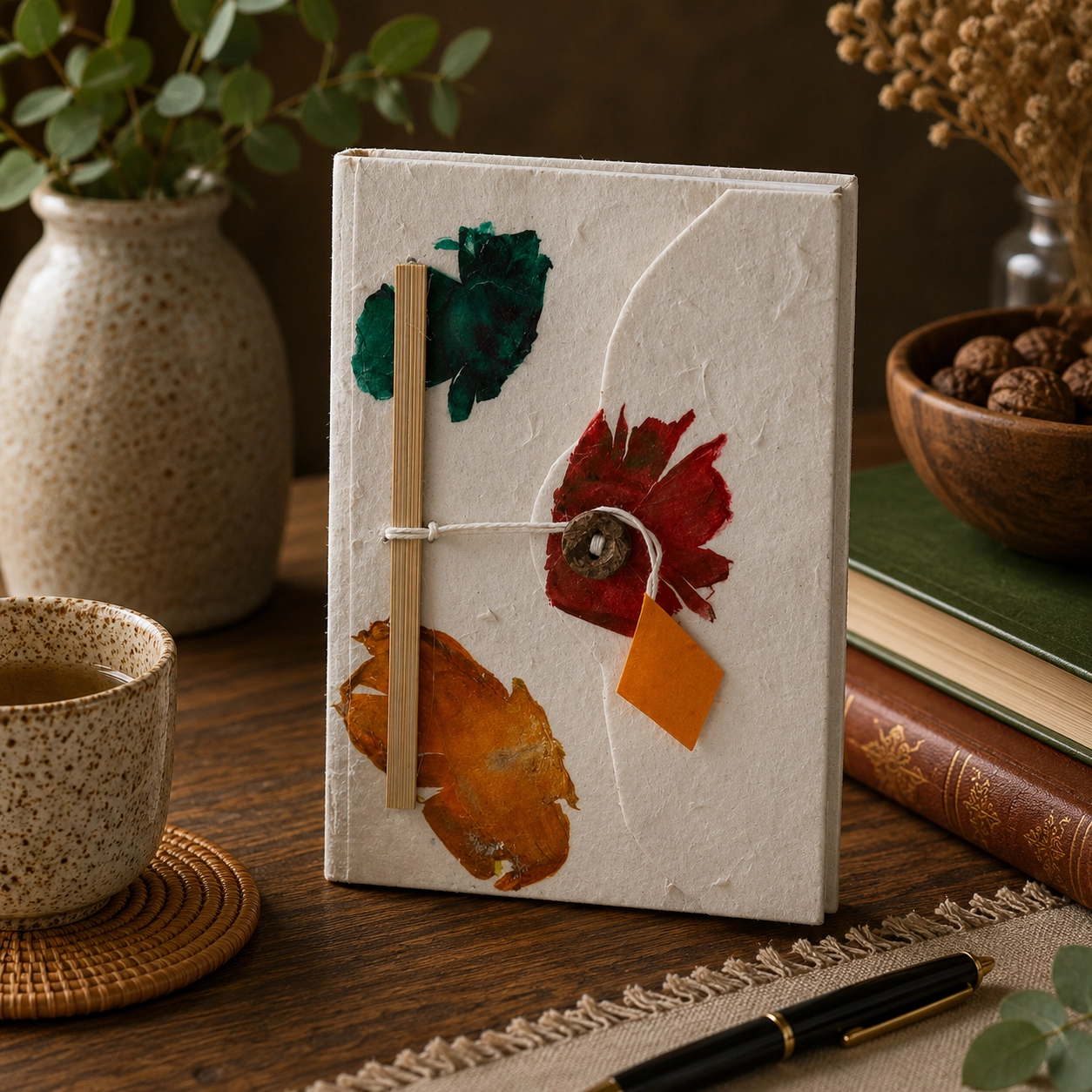 Handmade Lokta paper notebook with pressed floral details and button lock displayed on a rustic wooden table with natural textures