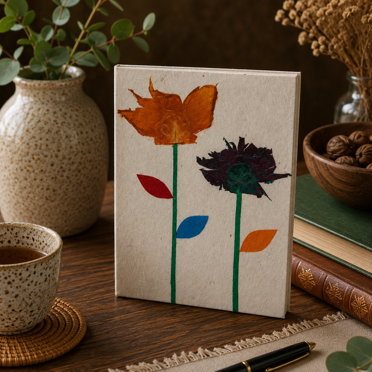 Handmade Lokta paper notebook with colourful pressed floral design displayed on a rustic wooden table with natural textures