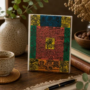 Handmade Lokta paper notebook with colourful traditional Himalayan prayer flag design displayed on a rustic wooden table with natural textures