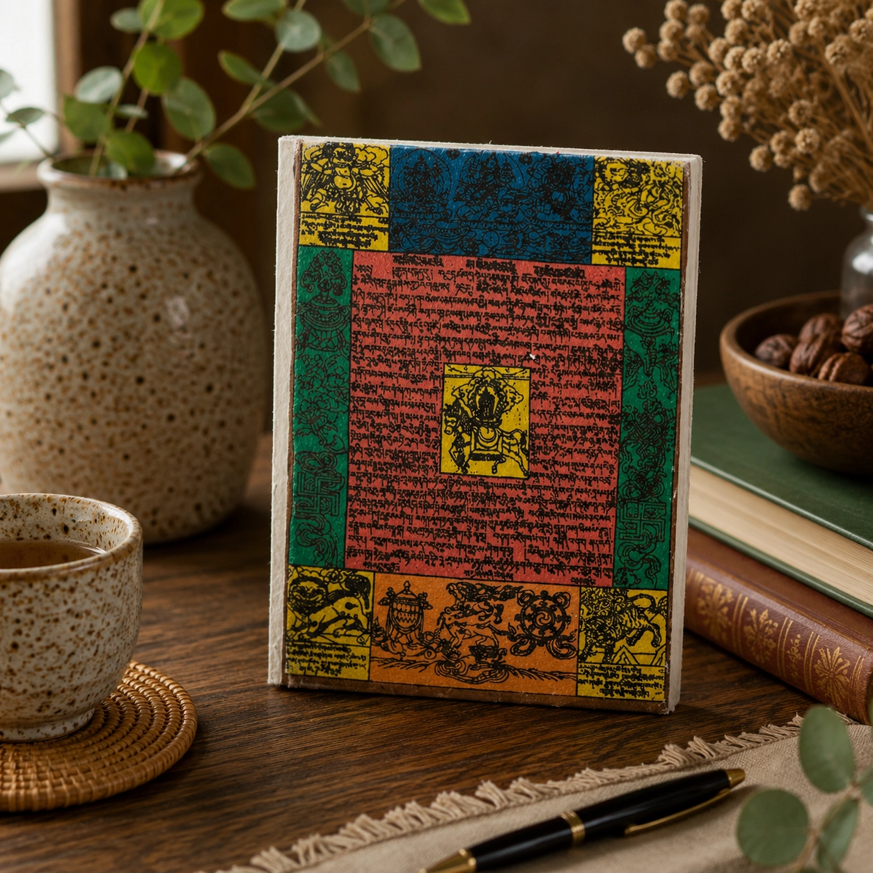 Handmade Lokta paper notebook with colourful traditional Himalayan prayer flag design displayed on a rustic wooden table with natural textures