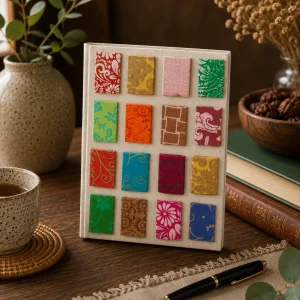 Handmade cream Lokta paper notebook with colourful patterned tile designs displayed on a rustic wooden table with natural textures