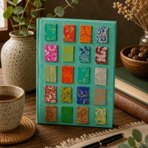Handmade teal Lokta paper notebook with colourful patterned tile designs displayed on a rustic wooden table with natural textures