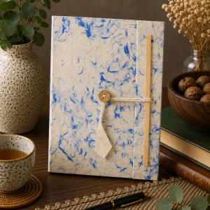 Handmade large Lokta paper notebook with natural cream paper and delicate blue cotton fibres, wooden button closure and bamboo detail