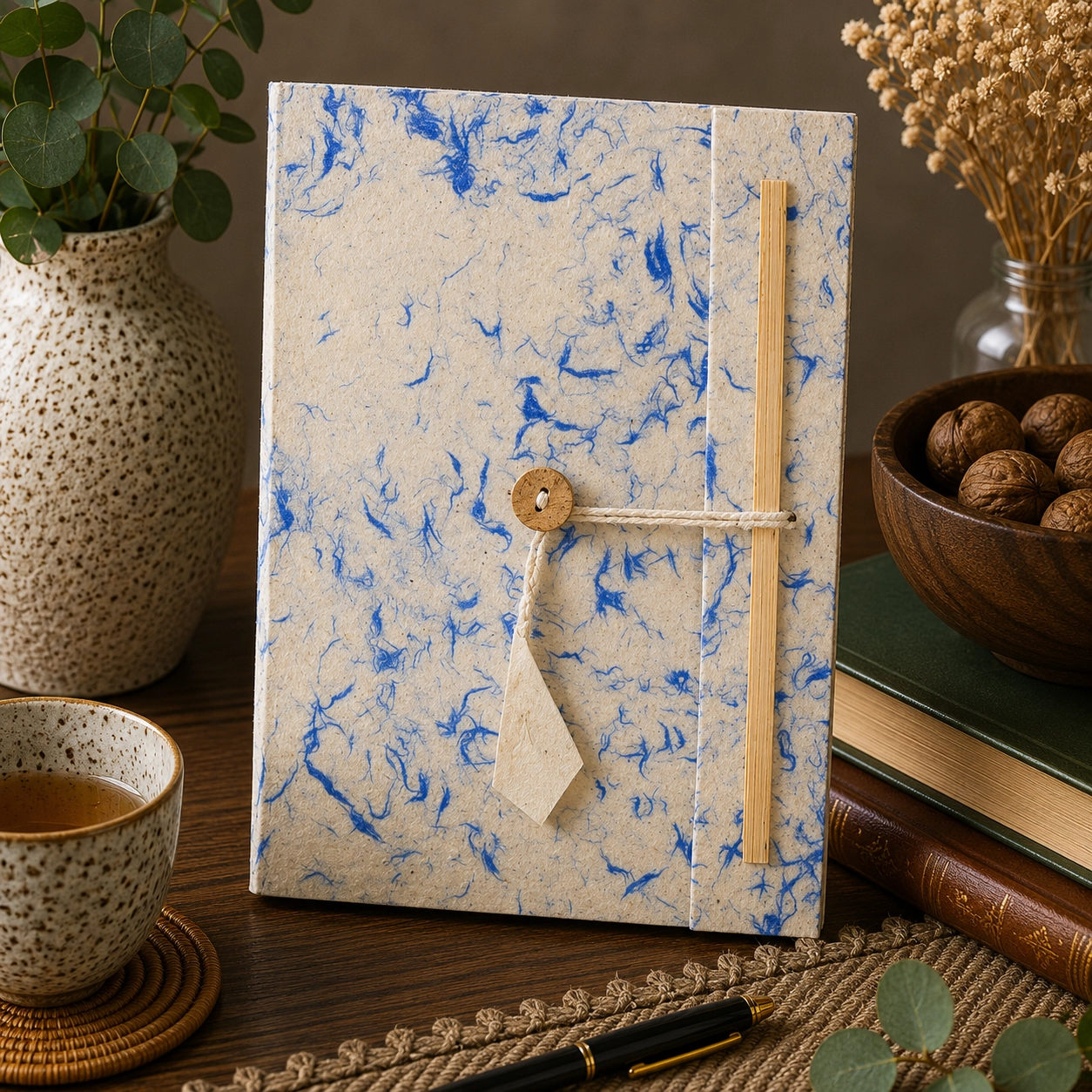 Handmade large Lokta paper notebook with natural cream paper and delicate blue cotton fibres, wooden button closure and bamboo detail