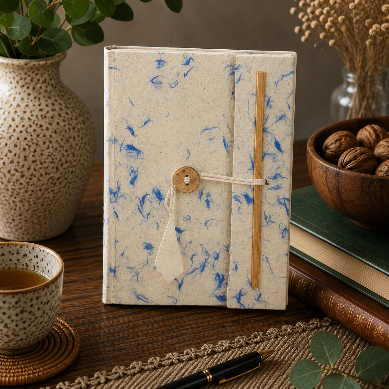 Handmade medium Lokta paper notebook with natural cream paper and delicate blue cotton fibres, wooden button closure and bamboo detail