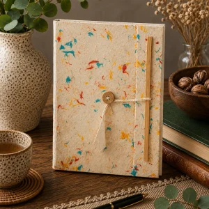 Handmade large Lokta paper notebook with natural cream paper and colourful cotton fibres in blue, orange, red and yellow, with wooden button closure