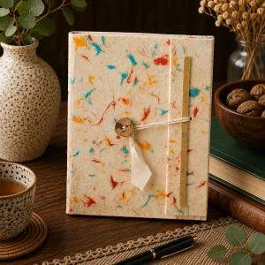 Handmade medium Lokta paper notebook with natural cream paper and colourful cotton fibres in blue, orange, red and yellow, with wooden button closure