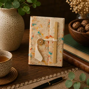 Handmade mini Lokta paper notebook with natural cream paper and colourful cotton fibres in blue, orange, red and yellow, with wooden button closure