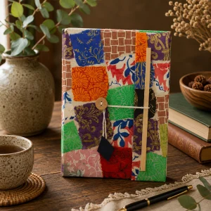 Handmade multi-colour Lokta paper notebook with a vibrant patchwork cover displayed on a rustic wooden table with a pen and natural textures