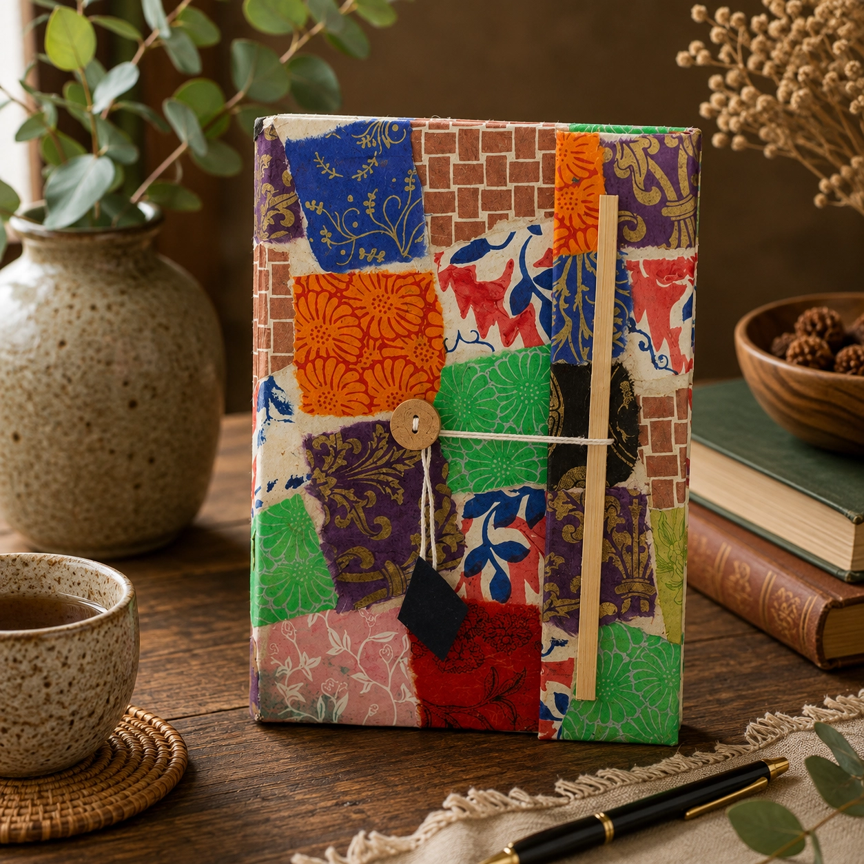 Handmade multi-colour Lokta paper notebook with a vibrant patchwork cover displayed on a rustic wooden table with a pen and natural textures