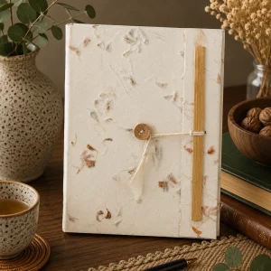 Handmade large Lokta paper notebook with delicate pressed flower and botanical details, natural paper texture and wooden button closure