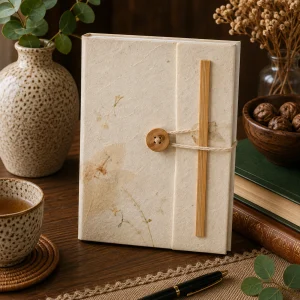 Handmade medium Lokta paper notebook with delicate pressed flower and botanical details, natural paper texture and wooden button closure