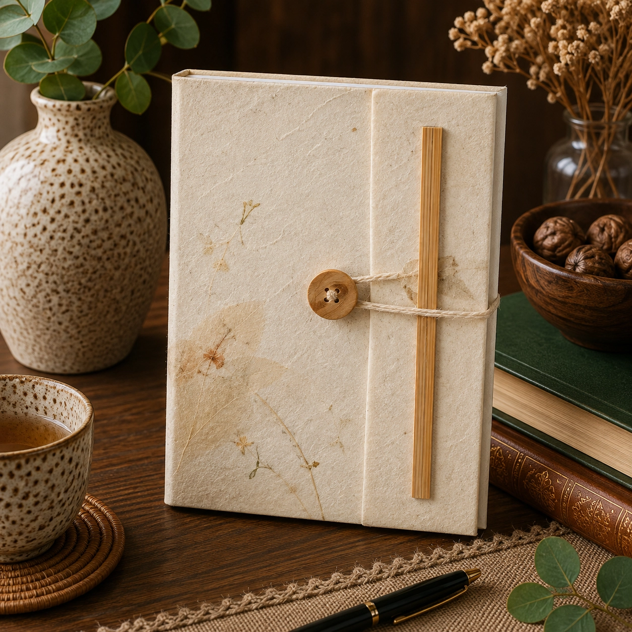 Handmade medium Lokta paper notebook with delicate pressed flower and botanical details, natural paper texture and wooden button closure