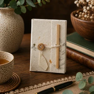 Handmade mini Lokta paper notebook with delicate pressed flower and botanical details, natural fibre texture and wooden button closure