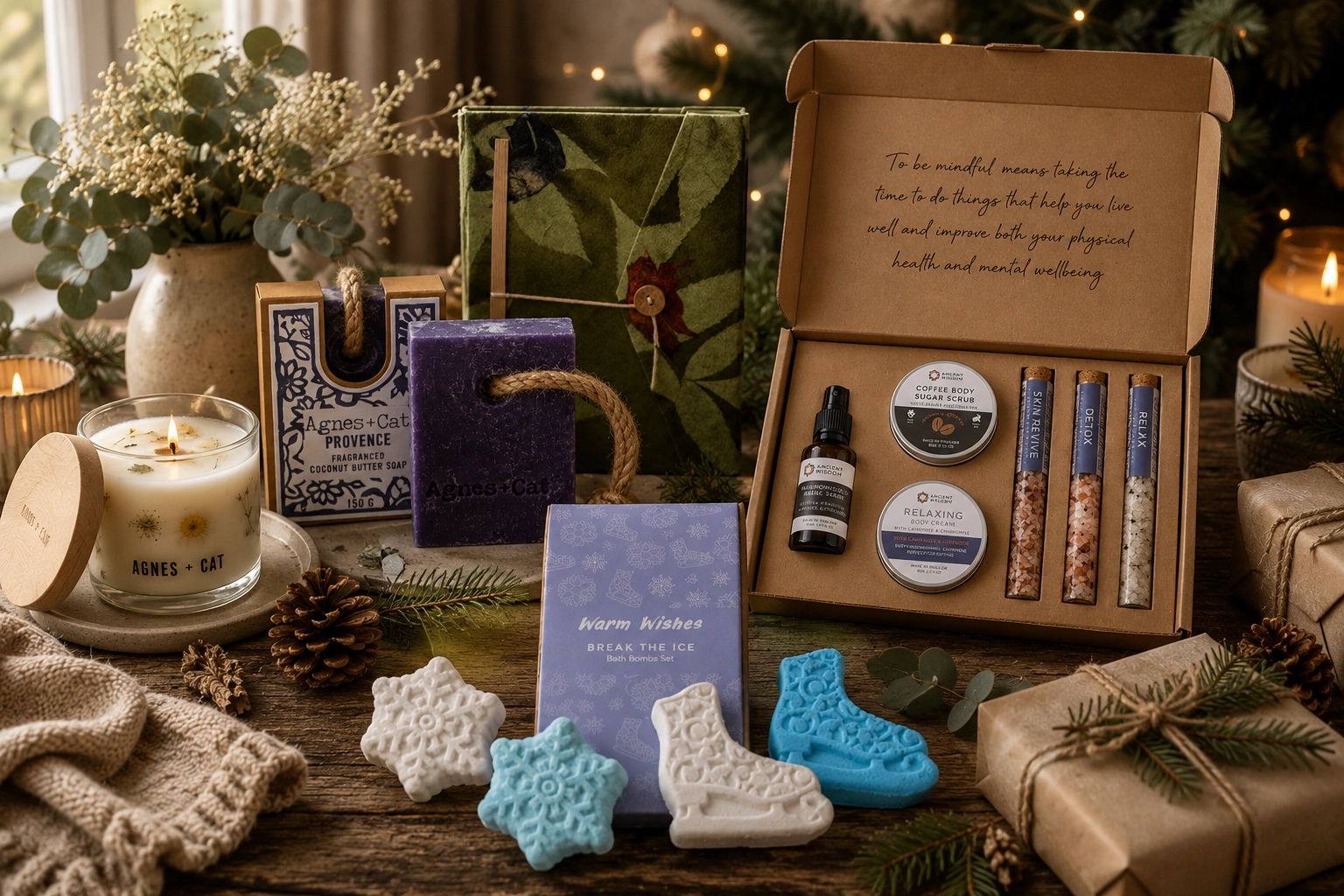 Old Ways Living Christmas gifts collection with natural soaps, candles and seasonal details