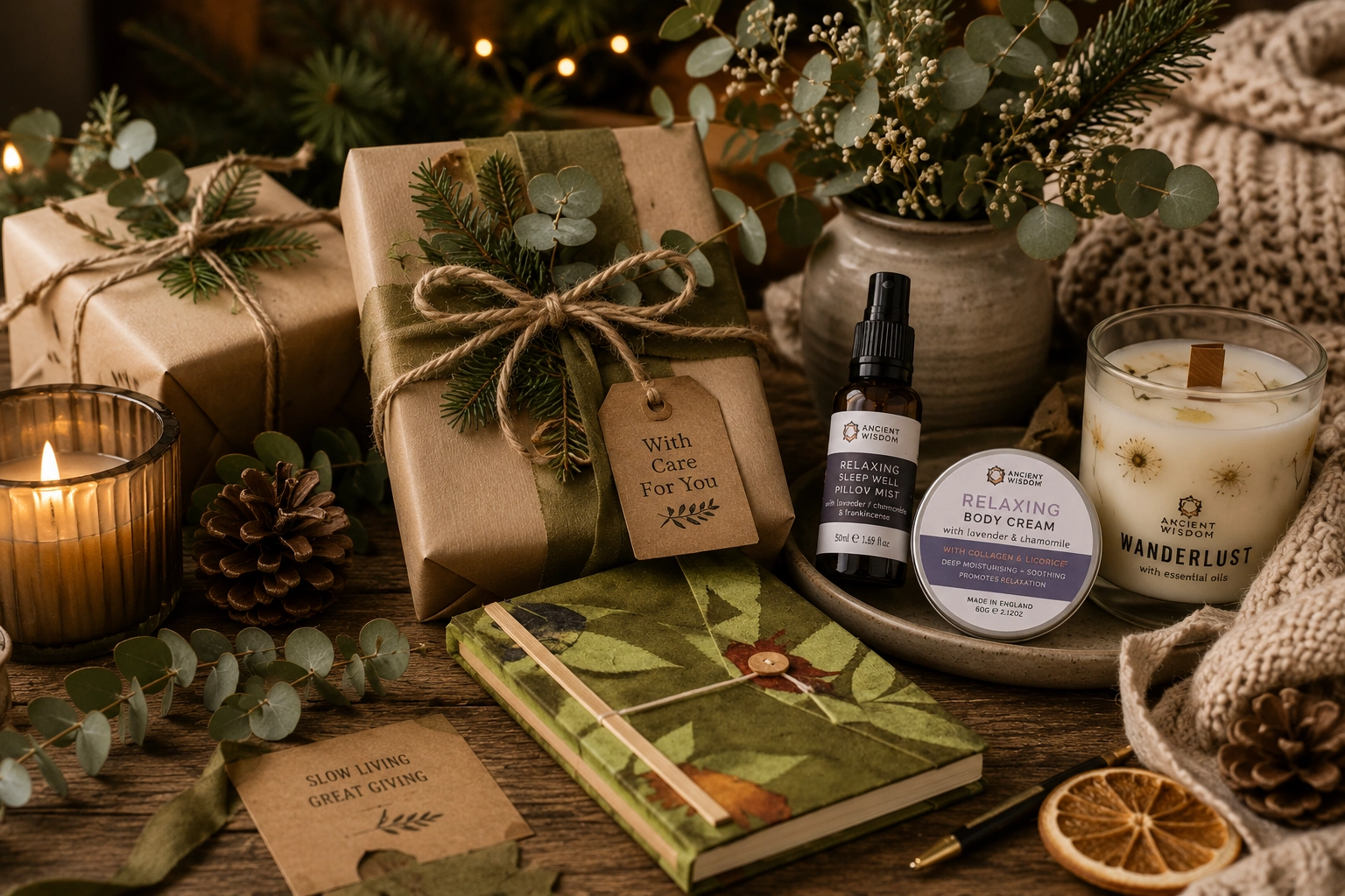 Thoughtful Christmas gifts with natural wrapping, candle, self-care products and handmade journal