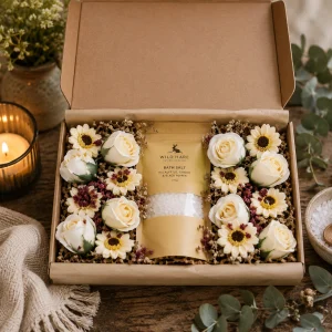 Salt Soak Set – Cold & Flu displayed in an open kraft gift box with 350g eucalyptus, ginger and black pepper bath salts surrounded by decorative soap roses and soap sunflowers.
