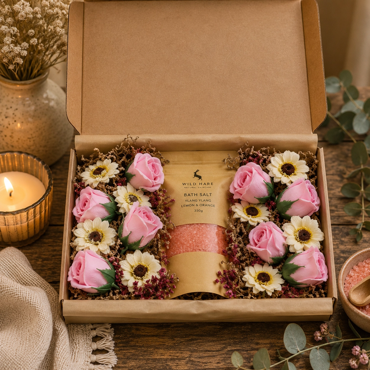 Salt Soak Set – Passion displayed in an open kraft gift box with 350g Ylang Ylang, Lemon & Orange bath salts surrounded by pink soap roses and soap sunflowers.