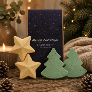 Silent Night Christmas Bath Bomb Gift Set displayed in a warm festive setting with handcrafted Christmas tree and star-shaped bath bombs.