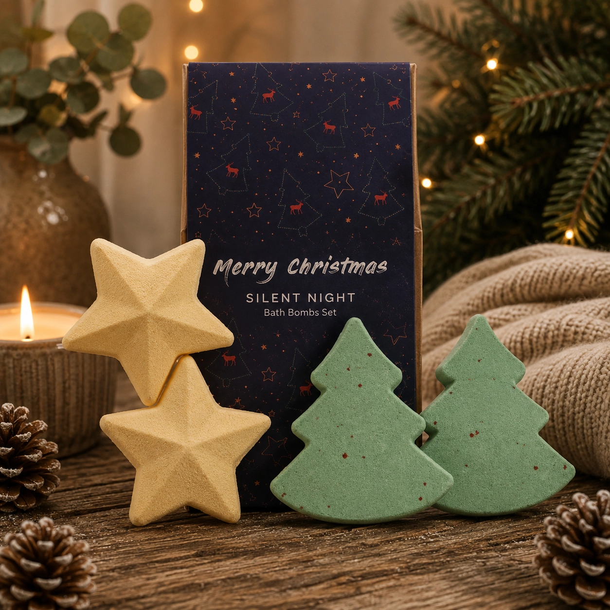 Silent Night Christmas Bath Bomb Gift Set displayed in a warm festive setting with handcrafted Christmas tree and star-shaped bath bombs.