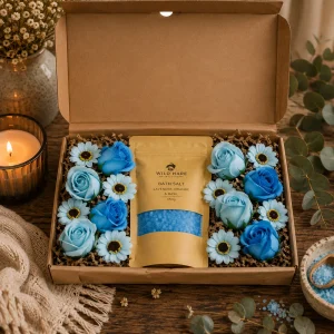 Total Unwind Salt Soak Set in an open kraft gift box with 350g Lavender, Orange & Basil bath salts surrounded by blue soap roses and soap sunflowers.