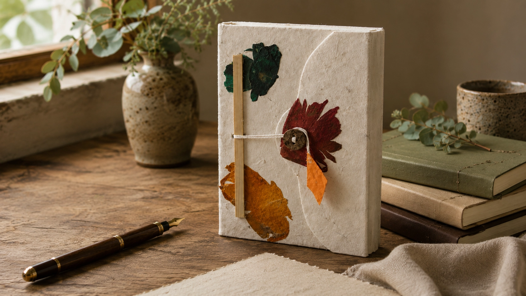 Handmade notebook and fountain pen arranged on a rustic wooden table with natural botanical details